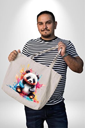 Renkli Yavru Panda 47X36x8 Kadın Erkek Çocuk Kanvas Körüklü Büyük Boy Çanta