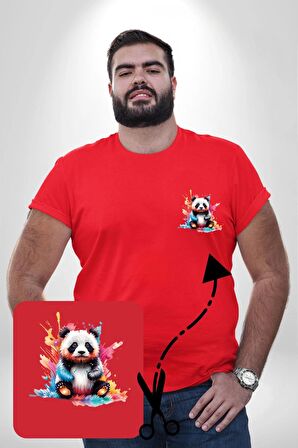 Renkli Yavru Panda  Kırmızı Büyük Beden Kadın Basic Minimal Baskılı Tişört