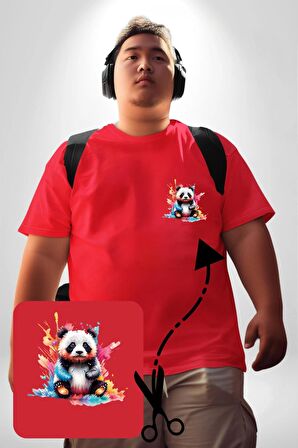 Renkli Yavru Panda  Kırmızı Büyük Beden Kadın Basic Minimal Baskılı Tişört
