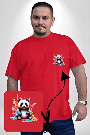 Renkli Yavru Panda  Kırmızı Büyük Beden Kadın Basic Minimal Baskılı Tişört