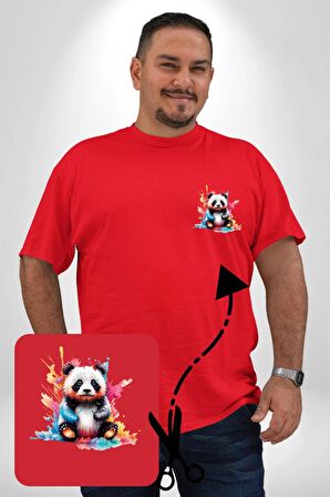 Renkli Yavru Panda  Kırmızı Büyük Beden Kadın Basic Minimal Baskılı Tişört
