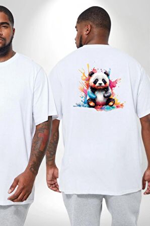 Renkli Yavru Panda  Büyük Beden Beyaz Tişört Kadın Erkek Ünisex Sırt Baskılı
