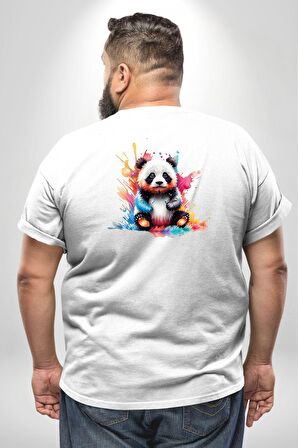 Renkli Yavru Panda  Büyük Beden Beyaz Tişört Kadın Erkek Ünisex Sırt Baskılı