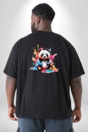 Renkli Yavru Panda  Büyük Beden Siyah Tişört Kadın Erkek Ünisex Sırt Baskılı