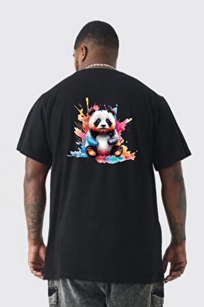 Renkli Yavru Panda  Büyük Beden Siyah Tişört Kadın Erkek Ünisex Sırt Baskılı