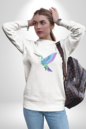 Sinek Kuşu Renkli Kadın Erkek  Beyaz Baskılı Sweatshirt 