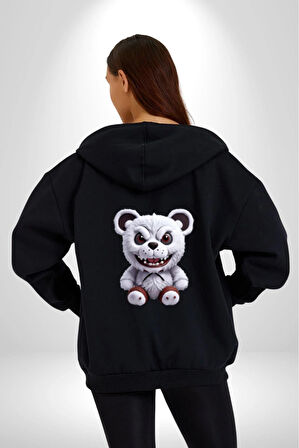 Freddy Korkunç Ayı Kadın Erkek Siyah Renk Kapüşonlu Kanguru Cepli  Fermuarlı Pamuklu Oversize Dijital Baskılı Hırka Sweatshirt