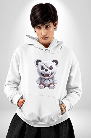 Freddy Korkunç Ayı Kadın Erkek  Beyaz Kapüşonlu Sweatshirt Hoodie