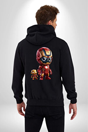 Yenilmezler Avengers Bebek Iron Man Kadın Erkek Siyah Renk Kapüşonlu Kanguru Cepli  Fermuarlı Pamuklu Oversize Dijital Baskılı Hırka Sweatshirt