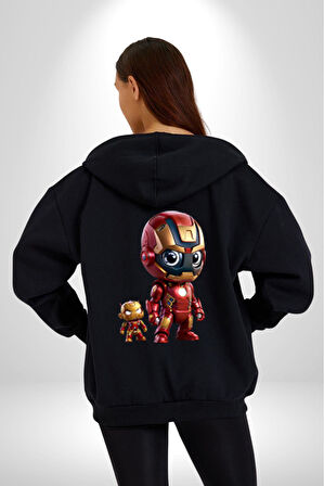 Yenilmezler Avengers Bebek Iron Man Kadın Erkek Siyah Renk Kapüşonlu Kanguru Cepli  Fermuarlı Pamuklu Oversize Dijital Baskılı Hırka Sweatshirt