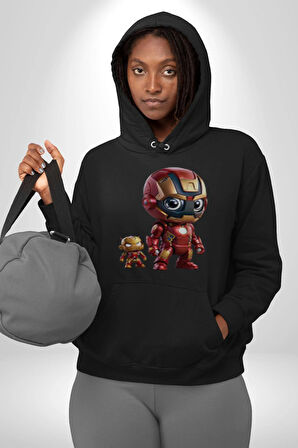 Yenilmezler Avengers Bebek Iron Man Kadın Erkek  Siyah Kapüşonlu Sweatshirt Hoodie