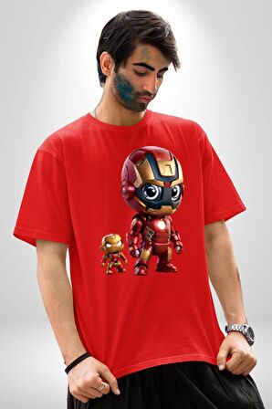 Yenilmezler Avengers Bebek Iron Man Pamuklu Bisiklet Yaka Kadın Erkek Oversize Boyfriend Dijital Baskılı Kırmızı T-Shirt