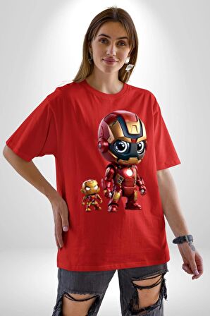 Yenilmezler Avengers Bebek Iron Man Pamuklu Bisiklet Yaka Kadın Erkek Oversize Boyfriend Dijital Baskılı Kırmızı T-Shirt