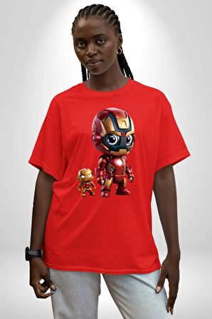 Yenilmezler Avengers Bebek Iron Man Pamuklu Bisiklet Yaka Kadın Erkek Oversize Boyfriend Dijital Baskılı Kırmızı T-Shirt