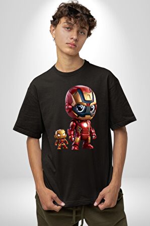 Yenilmezler Avengers Bebek Iron Man Pamuklu Bisiklet Yaka Kadın Erkek Oversize Boyfriend Dijital Baskılı Siyah T-shirt