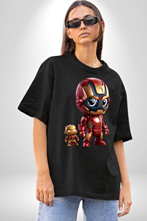 Yenilmezler Avengers Bebek Iron Man Pamuklu Bisiklet Yaka Kadın Erkek Oversize Boyfriend Dijital Baskılı Siyah T-shirt