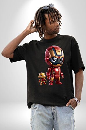 Yenilmezler Avengers Bebek Iron Man Pamuklu Bisiklet Yaka Kadın Erkek Oversize Boyfriend Dijital Baskılı Siyah T-shirt