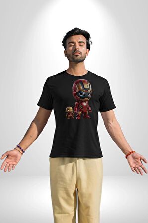 Yenilmezler Avengers Bebek Iron Man Kadın Erkek Unisex Siyah Organik Baskılı T-Shirt Penye Yüksek Kalite