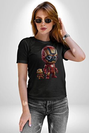 Yenilmezler Avengers Bebek Iron Man Kadın Erkek Unisex Siyah Organik Baskılı T-Shirt Penye Yüksek Kalite