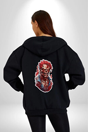 Zombi Kırmızı The Walking Dead  Kadın Erkek Siyah Renk Kapüşonlu Kanguru Cepli  Fermuarlı Pamuklu Oversize Dijital Baskılı Hırka Sweatshirt