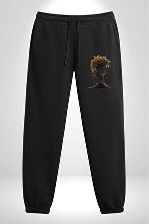 Çiçek Siyah Kız Moda Doğa Kök Salımı Pamuklu 3 İplik Siyah Eşofman Altı Erkek Oversize Kesim Dijital Baskılı