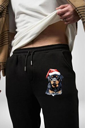Yeni Yıl Noel Rottweiler Pamuklu 3 İplik Siyah Eşofman Altı Erkek Oversize Kesim Dijital Baskılı