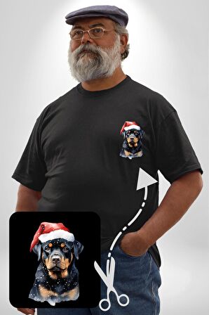 Yeni Yıl Noel Rottweiler Siyah Büyük Beden Kadın Basic Minimal Baskılı Tişört
