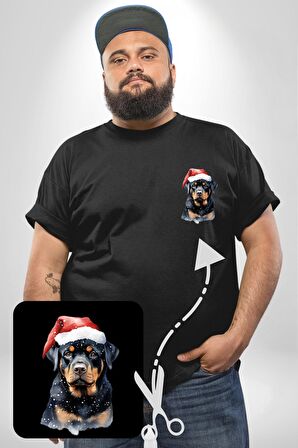 Yeni Yıl Noel Rottweiler Siyah Büyük Beden Kadın Basic Minimal Baskılı Tişört