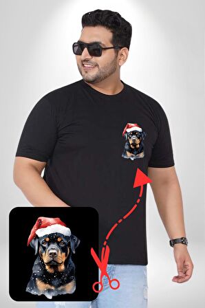 Yeni Yıl Noel Rottweiler Siyah Büyük Beden Kadın Basic Minimal Baskılı Tişört
