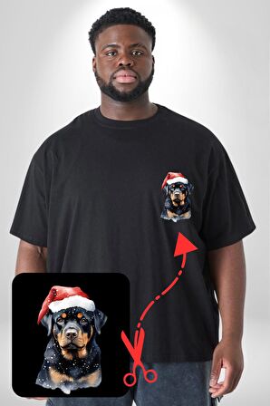 Yeni Yıl Noel Rottweiler Siyah Büyük Beden Kadın Basic Minimal Baskılı Tişört