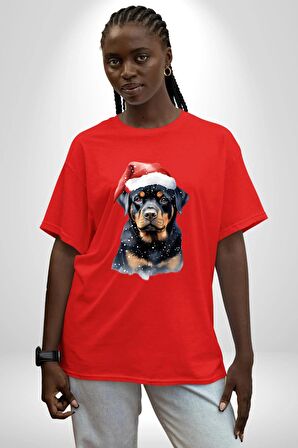 Yeni Yıl Noel Rottweiler Pamuklu Bisiklet Yaka Kadın Erkek Oversize Boyfriend Dijital Baskılı Kırmızı T-Shirt