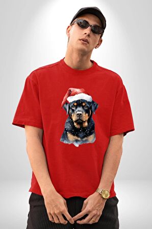 Yeni Yıl Noel Rottweiler Pamuklu Bisiklet Yaka Kadın Erkek Oversize Boyfriend Dijital Baskılı Kırmızı T-Shirt