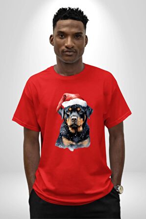 Yeni Yıl Noel Rottweiler Pamuklu Bisiklet Yaka Kadın Erkek Oversize Boyfriend Dijital Baskılı Kırmızı T-Shirt