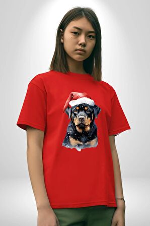 Yeni Yıl Noel Rottweiler Pamuklu Bisiklet Yaka Kadın Erkek Oversize Boyfriend Dijital Baskılı Kırmızı T-Shirt
