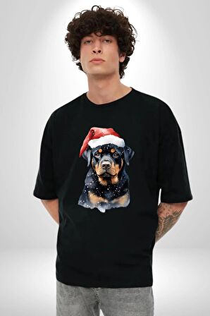 Yeni Yıl Noel Rottweiler Pamuklu Bisiklet Yaka Kadın Erkek Oversize Boyfriend Dijital Baskılı Siyah T-shirt