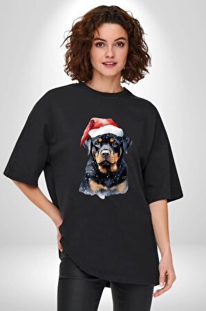 Yeni Yıl Noel Rottweiler Pamuklu Bisiklet Yaka Kadın Erkek Oversize Boyfriend Dijital Baskılı Siyah T-shirt