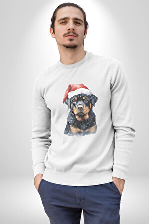 Yeni Yıl Noel Rottweiler Kadın Erkek  Beyaz Baskılı Sweatshirt 