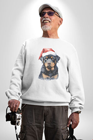 Yeni Yıl Noel Rottweiler Kadın Erkek  Beyaz Baskılı Sweatshirt 