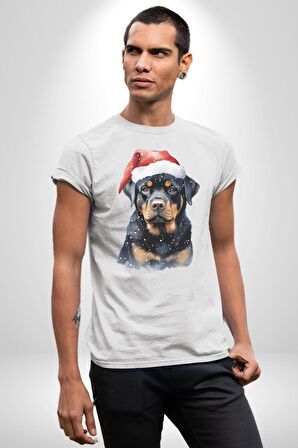 Yeni Yıl Noel Rottweiler Kadın Erkek Unisex Beyaz Organik Baskılı T-Shirt Penye Yüksek Kalite