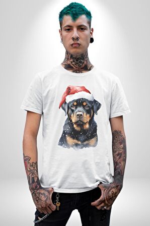 Yeni Yıl Noel Rottweiler Kadın Erkek Unisex Beyaz Organik Baskılı T-Shirt Penye Yüksek Kalite