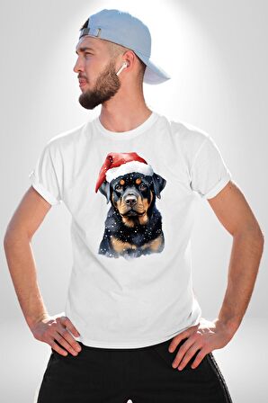Yeni Yıl Noel Rottweiler Kadın Erkek Unisex Beyaz Organik Baskılı T-Shirt Penye Yüksek Kalite
