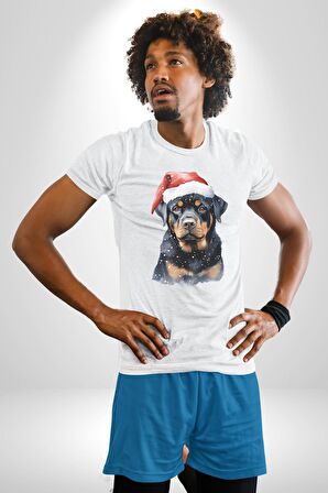 Yeni Yıl Noel Rottweiler Kadın Erkek Unisex Beyaz Organik Baskılı T-Shirt Penye Yüksek Kalite