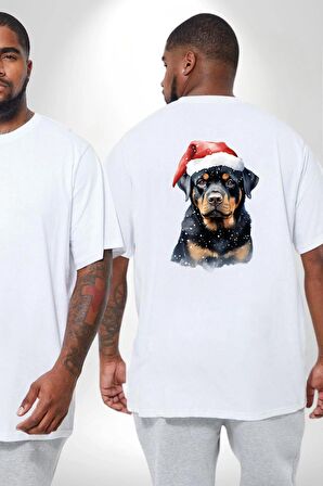 Yeni Yıl Noel Rottweiler Büyük Beden Beyaz Tişört Kadın Erkek Ünisex Sırt Baskılı