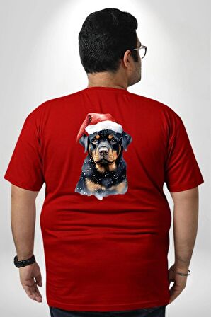 Yeni Yıl Noel Rottweiler Büyük Beden Kırmızı Tişört Kadın Erkek Ünisex Sırt Baskılı