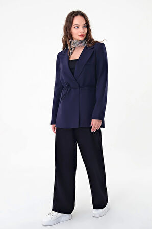 Kadın Lacivert Bel Bağlamalı Blazer Ceket