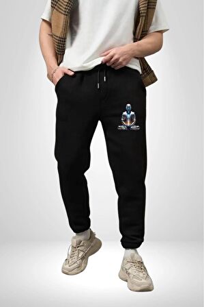 Yeni Nesil Yoga Yapay Zeka Pamuklu 3 İplik Siyah Eşofman Altı Erkek Oversize Kesim Dijital Baskılı