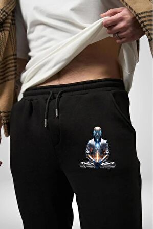 Yeni Nesil Yoga Yapay Zeka Pamuklu 3 İplik Siyah Eşofman Altı Erkek Oversize Kesim Dijital Baskılı