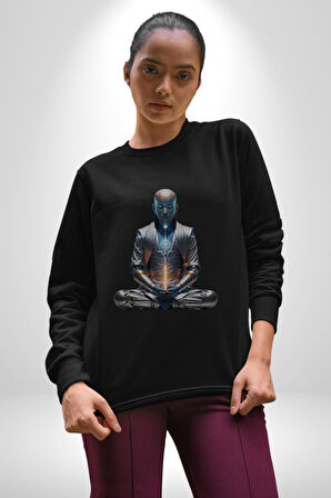 Yeni Nesil Yoga Yapay Zeka Kadın Erkek  Siyah Baskılı Sweatshirt 