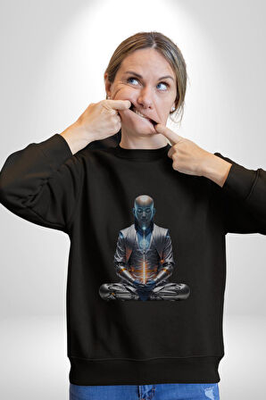 Yeni Nesil Yoga Yapay Zeka Kadın Erkek  Siyah Baskılı Sweatshirt 