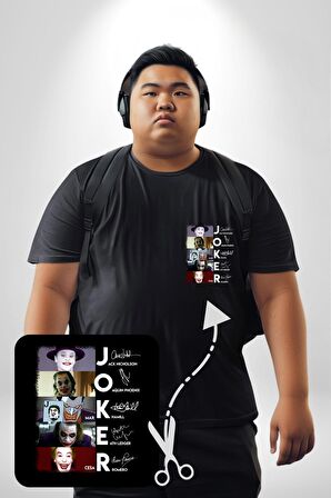 Joker Oyuncuları İmzaları Siyah Büyük Beden Kadın Basic Minimal Baskılı Tişört